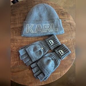 NWOT Karl Lagerfeld Paris Logo Studded Beanie & Matching Gloves